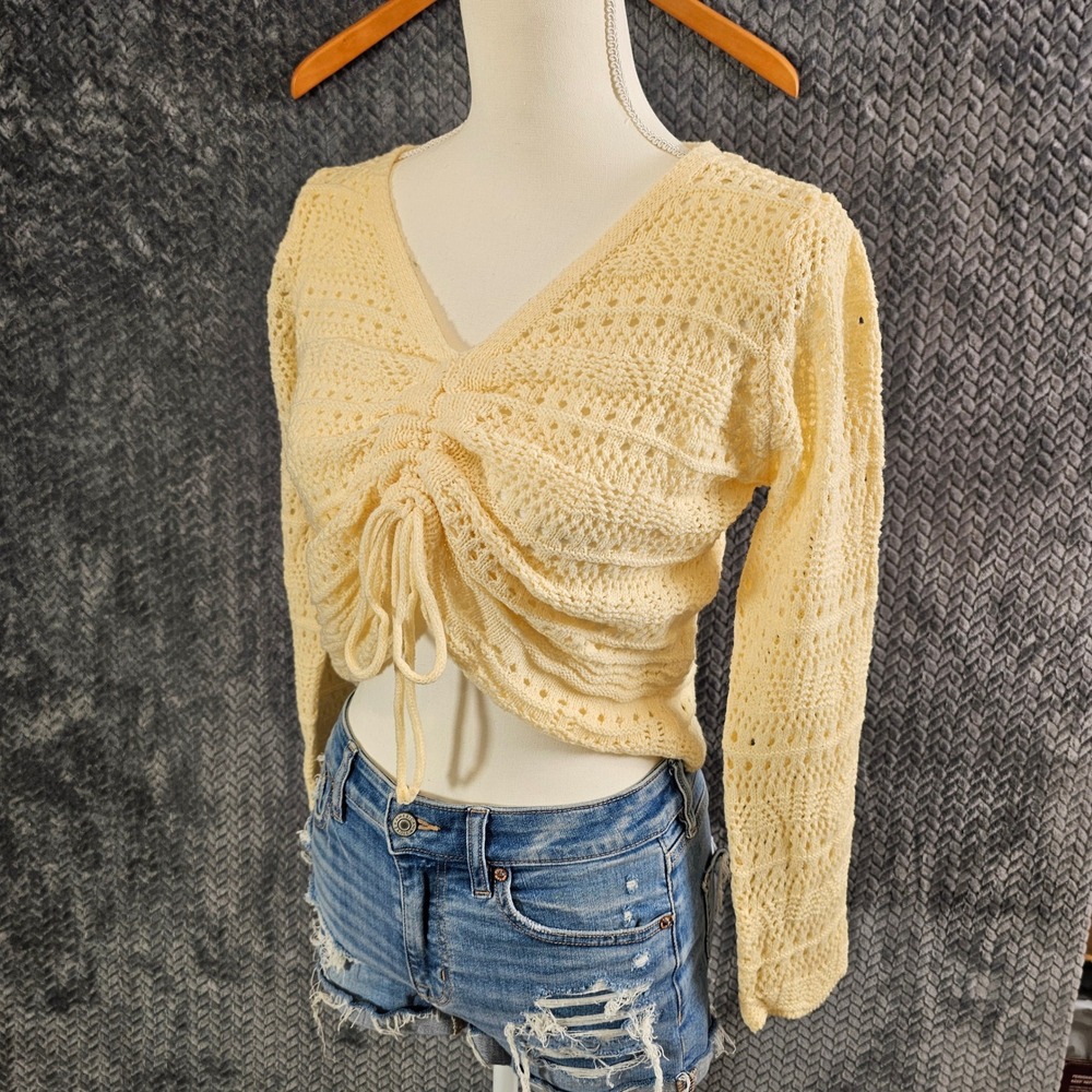 Jolie & Joy‎ Yellow Crochet Hand Knit Ruched Front Long Sleeve Crop Top XL